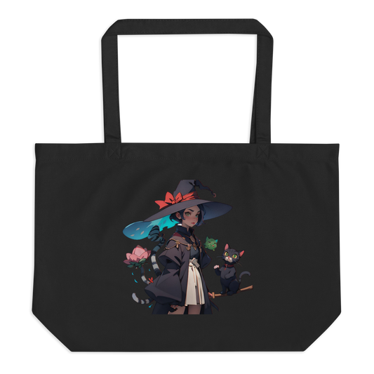 Large organic tote bag with cute witch and cat design