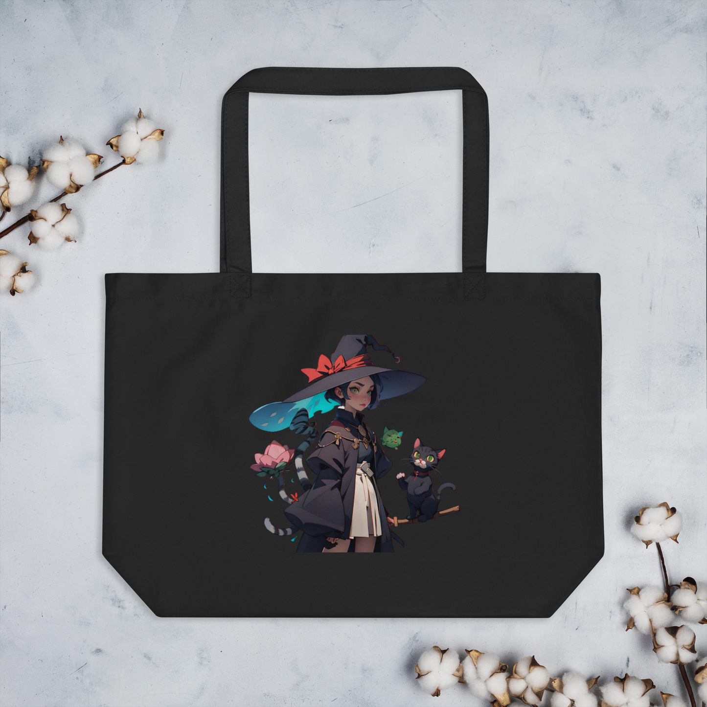 Large organic tote bag with cute witch and cat design