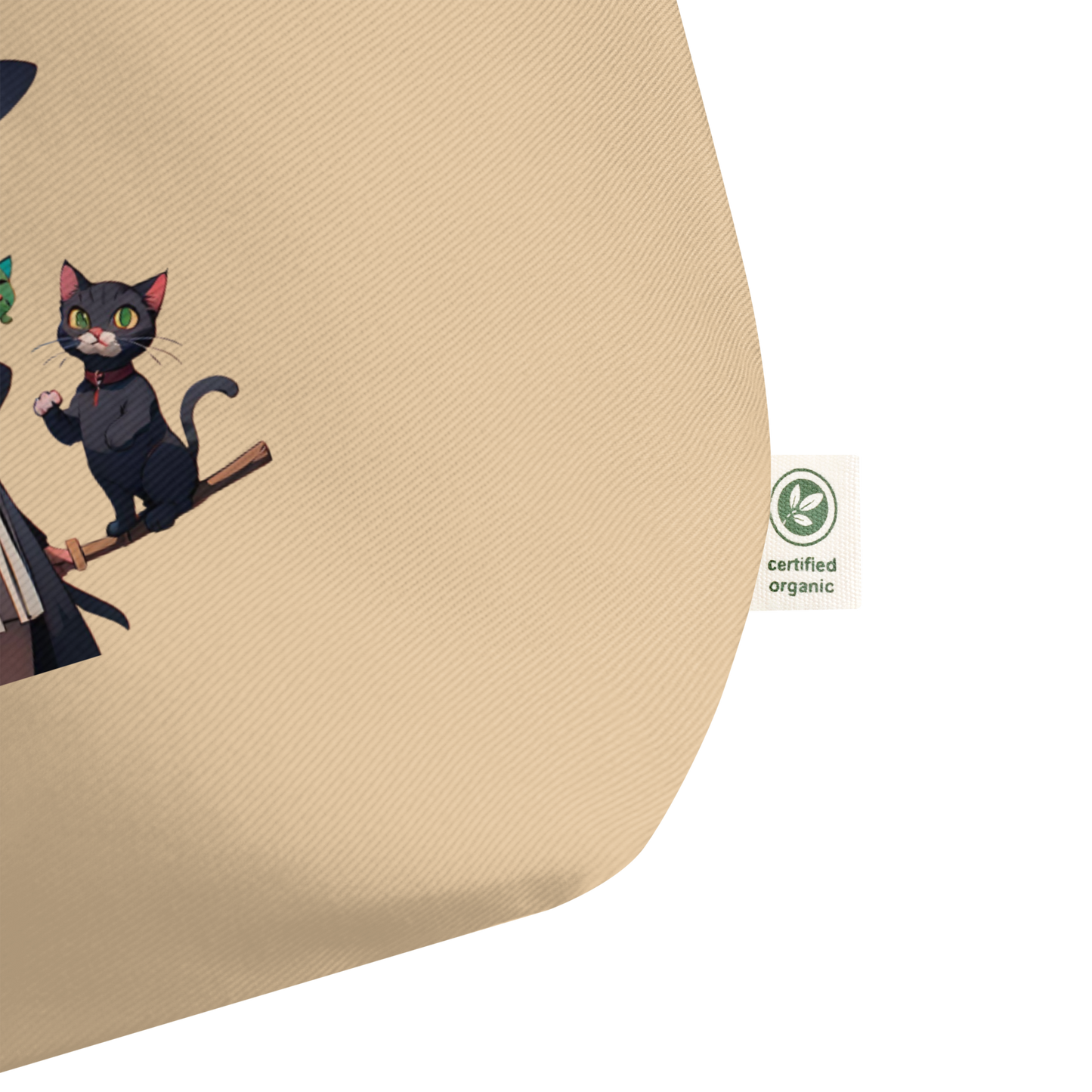 Large organic tote bag with cute witch and cat design