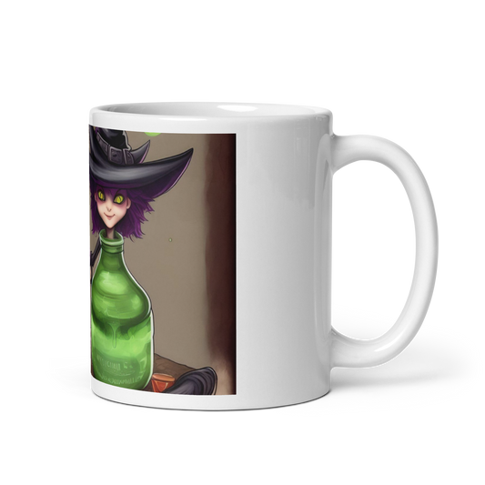 White glossy mug with witch and potions